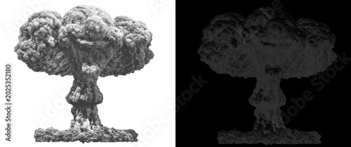 Foto Nuclear mushroom cloud explosion on white and black backgrounds, atomic bomb bla