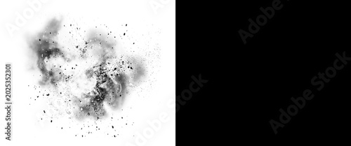 Fényképezés Explosive black smoke cloud with debris, realistic dark powder blast on white ba