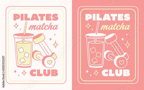 Pilates matcha iced latte club logo post workout drink green tea lovers girls shirt design pink aesthetic. Clean girl healthy lifestyle soft life sticker illustration wellness studio bar poster print.