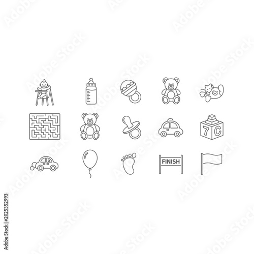 Bilde på lerret Collection of baby care and childhood playtime line icons with childhood