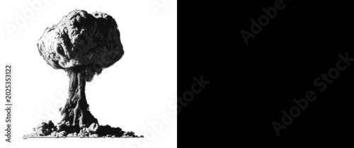 Photography Vintage nuclear explosion mushroom cloud, black and white atomic blast illustrat