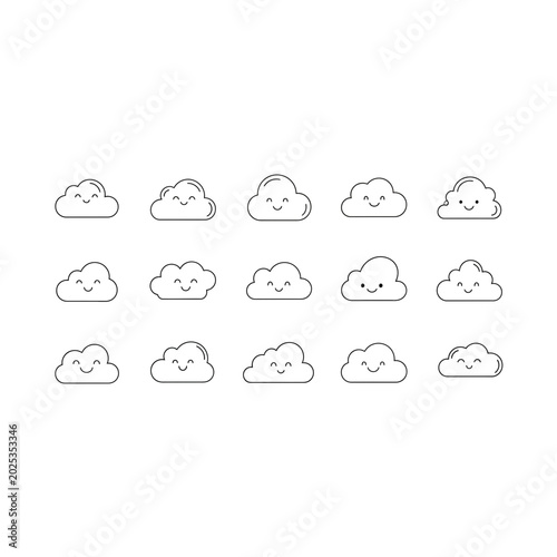 Tableau sur toile Minimalist set of simple smiling cartoon cloud icons with line art, weather fore