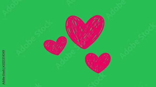 Hand Drawn Pink Hearts Animation Overlay with Cute Textured Cartoon Scribble Romance Elements on Green Screen