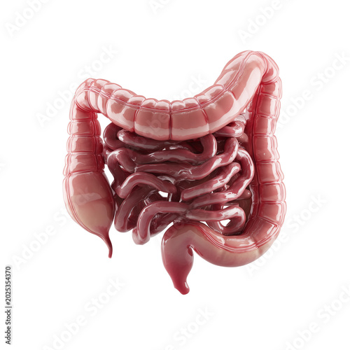 Isolated human intestines anatomical model with small and large intestine on transparent background, digestive system organ closeup, medical anatomy and biology education concept