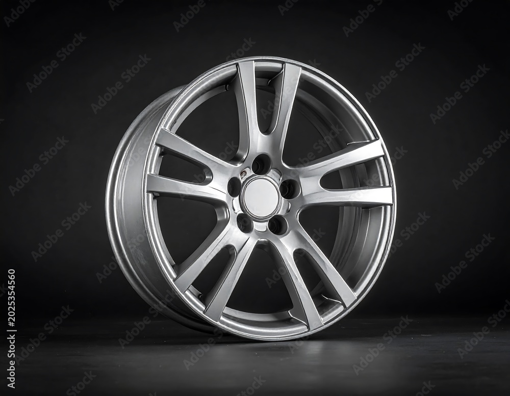 Fototapeta premium Metallic car wheel isolated against dark background for automotive design