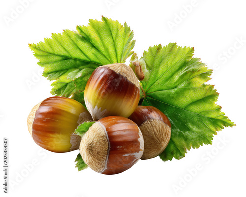Isolated hazelnuts with green leaves and husks on transparent background, organic nuts harvest closeup, healthy food ingredient for cooking and natural product concept