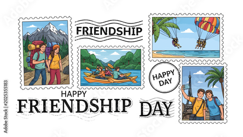 Cuadro en lienzo Friendship Day Celebration: A collection of vintage-style postage stamps depicting various outdoor adventures and happy moments shared between friends