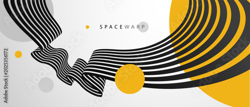 Bilde på lerret Vector abstract background with curve lines in 3D perspective and bright yellow circles, road look like tape with stripes, dynamic speed and motion