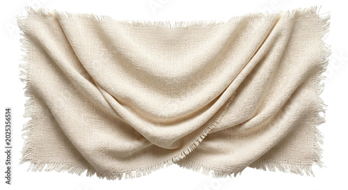 Fringed cream burlap fabric banner template isolated on transparent background