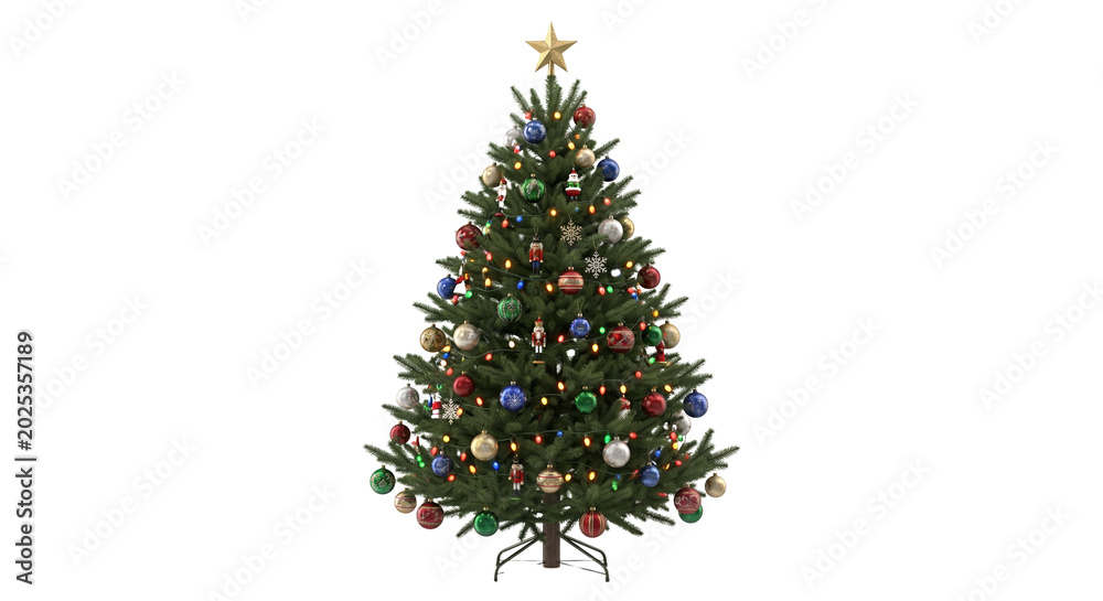 Fototapeta premium Lush decorated Christmas tree with golden star topper on transparent background