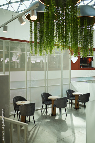 Vertical shot of modern office lounge featuring seating area with hanging plants and glass partitions, supporting workplace branding, hospitality marketing, interior design use
