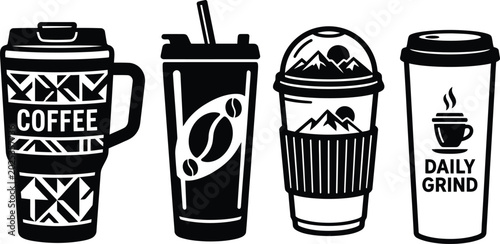 Tableau sur toile Diverse array of stylish black and white coffee cup vector designs, flawless for beverage branding and visual resources