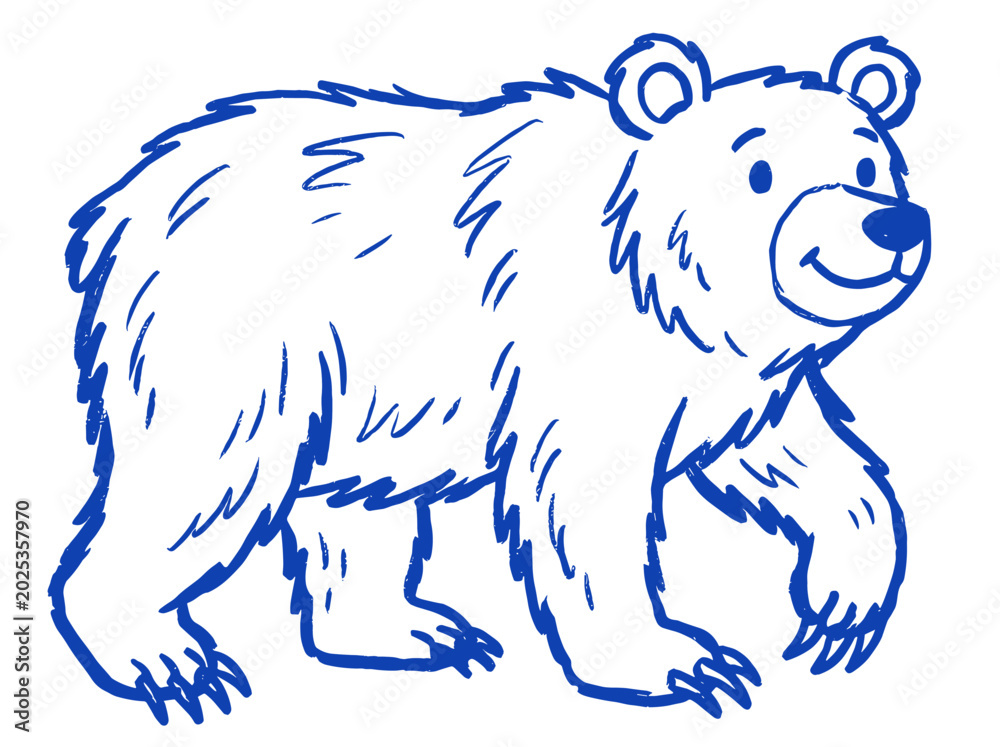 Obraz premium Cute Walking Bear Illustration, Minimalist Blue Line Art Vector Sketch of Whimsical Chinoiserie Style Grizzly with Fluffy Fur