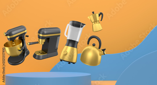 Slika na platnu Set of kitchen appliances and utensils floating in mid-air over podium and abstr