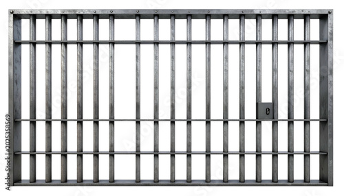 A frontal view of prison bars, a metallic gate with vertical and horizontal bars and a keyhole in the middle