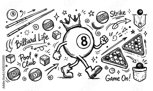 Tableau sur toile Vintage 1930s Rubber Hose Style King Billiards Ball Mascot and Billiards Pool Do