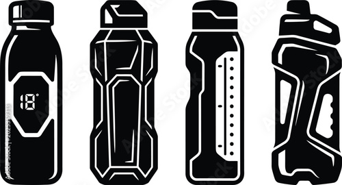 Foto Four up-to-date black and white water bottle designs, showcasing various styles including smart and sport models