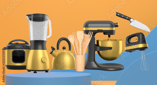 Bilde på lerret Set of kitchen appliances and utensils floating in mid-air over podium and abstr