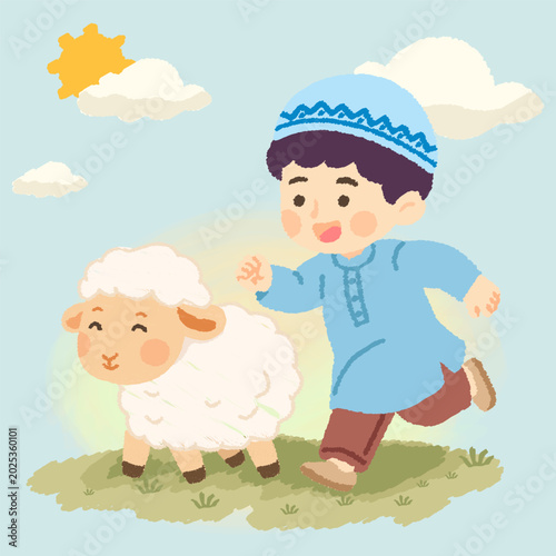Cute Muslim boy playfully chasing a fluffy white sheep on the grass for Eid al-Adha