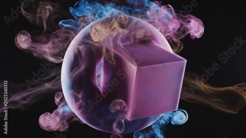 Abstract Cinematic Pink and Blue Smoke Swirling Around Geometric Shapes on Black Background