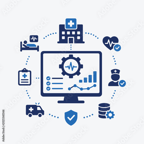 healthcare data analysis concept with computer monitor and medical icons