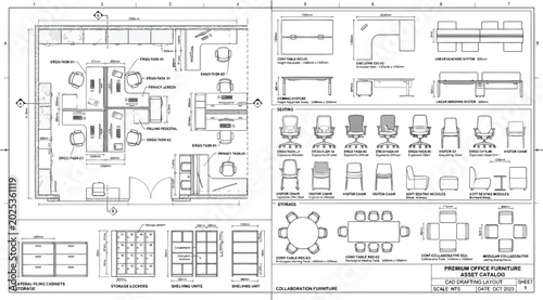 Εκτύπωση καμβά Premium office furniture asset catalog with cad drafting layout of workstations,