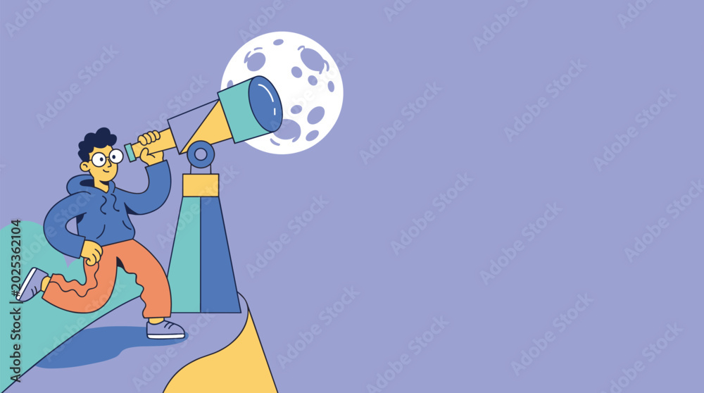 Fototapeta premium Curious wide-angle landscape perspective of a character stargazing with a telescope, featuring a massive lunar surface and extensive negative space for National Moon Day concept.