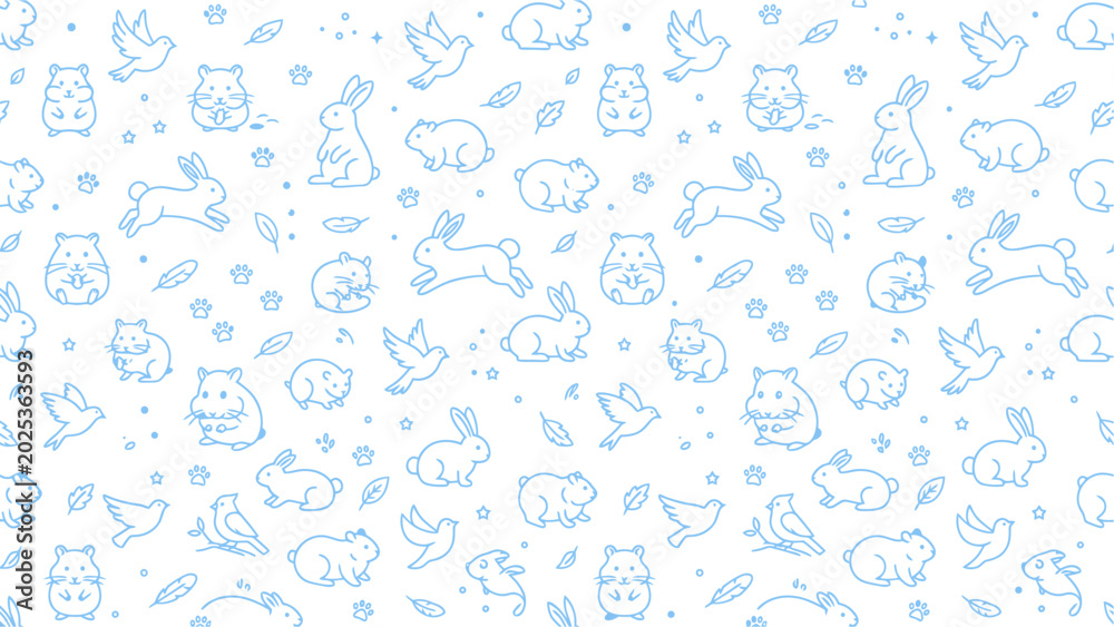 Obraz premium Playful blue doodle pattern featuring assorted animals and whimsical shapes.