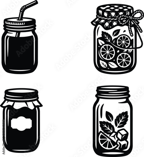 Photos High-resolution black and white illustrations of refreshing beverages and preserves in elaborate mason jars, flawless for layout projects and branding needs