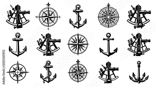 Nautical symbols set with anchors, compasses, and sextants in vintage style featuring anchor, compass, sextant with maritime and navigation elements