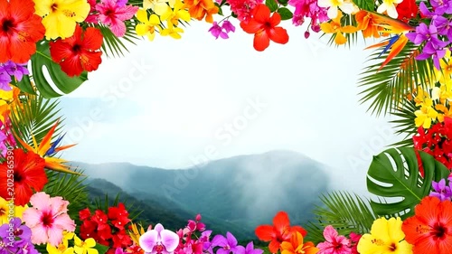 Vibrant floral frame surrounding misty mountain view