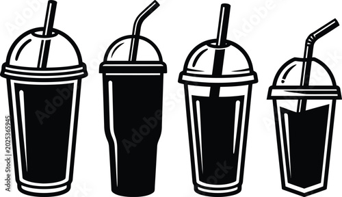 Four distinct black and white to-go cups with straws, a proficient and high-quality minimalist vector visual sketch.
