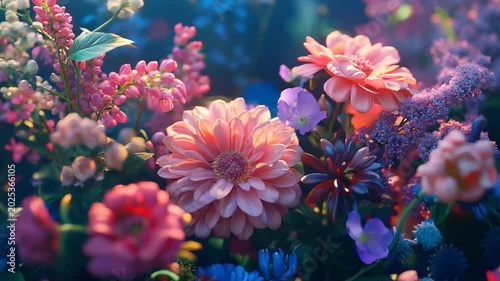 Vibrant garden flowers blooming in soft sunlight