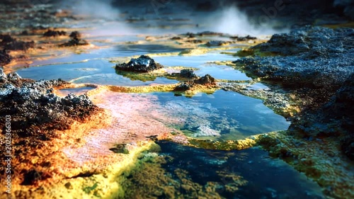 Vibrant geothermal pool with colorful mineral deposits