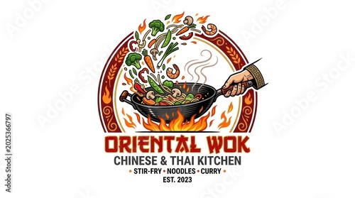 Oriental Wok Logo: Stir-fry Asian Food with Vegetables and Shrimp in Wok