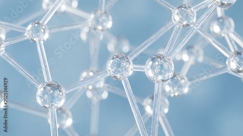 A close up view of interconnected glass spheres forming a complex molecular structure with translucent links against a soft blue light showcasing scientific research and advanced chemical