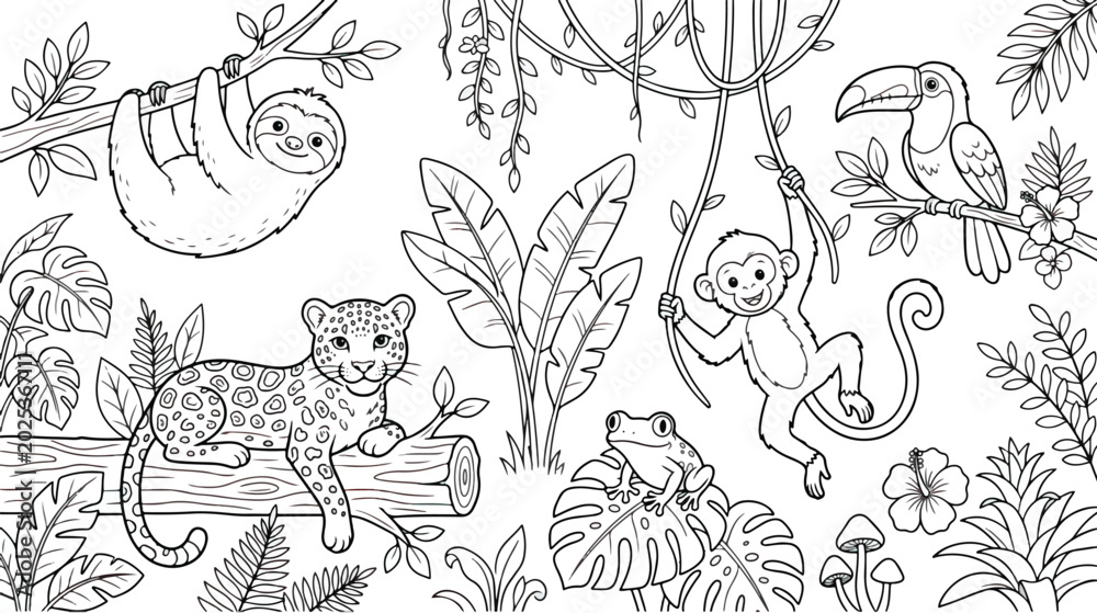 Fototapeta premium Jungle animals coloring page vector, tropical rainforest wildlife outline illustration, cute exotic animals in nature scene for kids activity