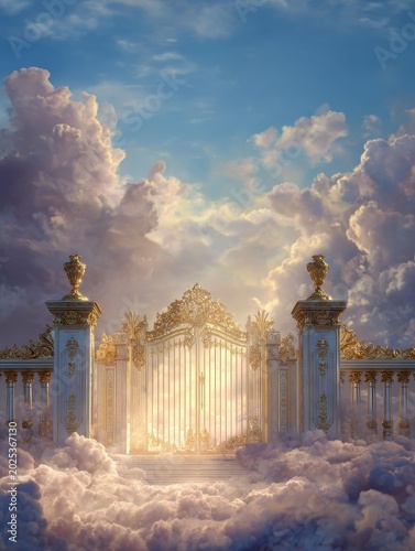 Ornate golden palace gate framed by dramatic clouds and warm sunlight creates an ethereal and luxurious scene.