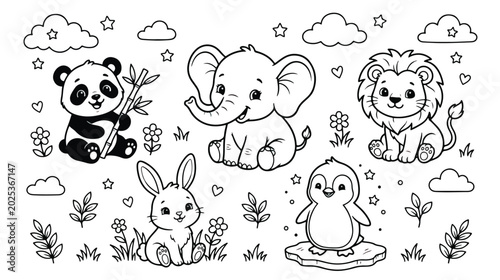 Photography Cute baby animals coloring page vector, adorable cartoon zoo and wild animal cha