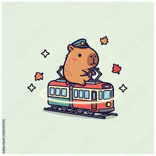 Cute capybara conductor driving a charming tram with autumn leaves.