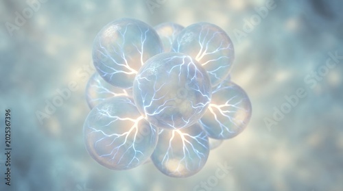 Several glowing transparent orbs containing intricate branching electric plasma lightning filaments suspended in soft diffused light creating a cluster of floating ethereal energy sphere