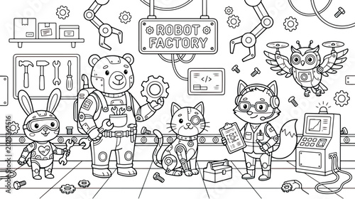 Fotografia Robot factory coloring page for kids, cute animal engineers and mechanical droid