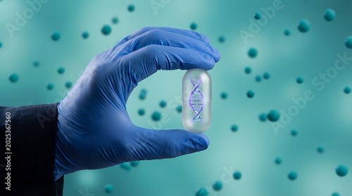 A hand wearing a blue medical glove holds a translucent pharmaceutical capsule that contains a glowing violet DNA double helix structure against a blurred teal field of floating microbe
