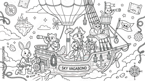 Bild auf Leinwand Steampunk animal pirate coloring page, cute sky vagabond airship with fox and ra