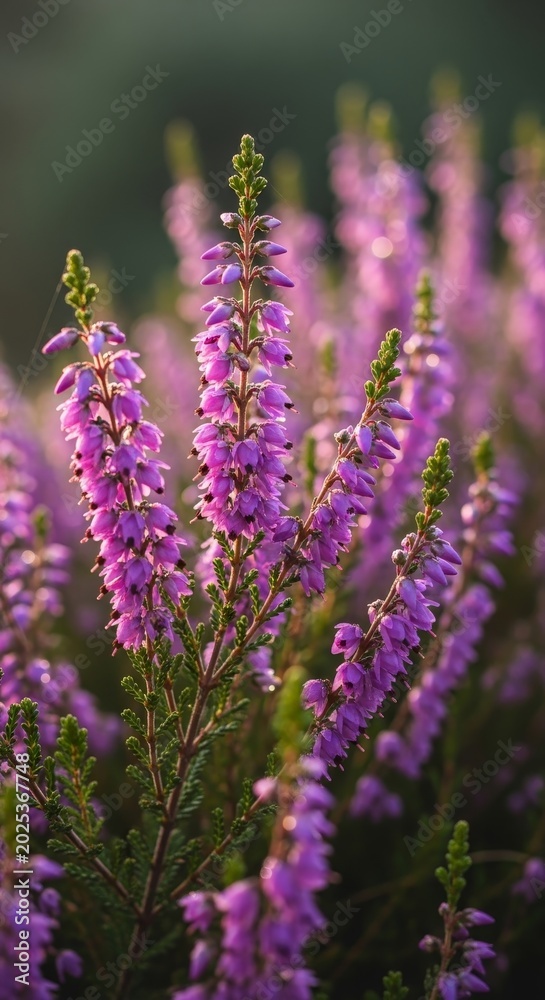 Obraz premium Close-up of vibrant purple heather flowers in natural light.