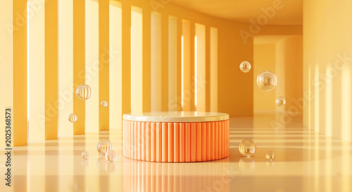 Orange 3D product podium with pastel yellow lighting and floating bubbles in a dreamy studio scene.