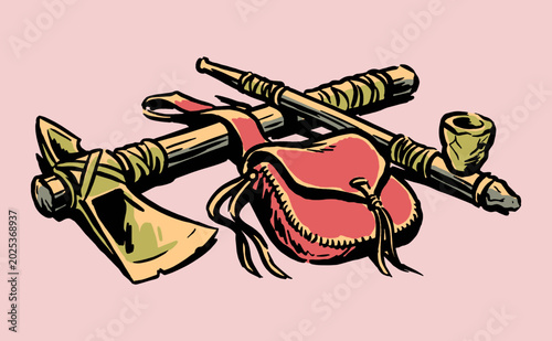 Native American heritage tomahawk, peace pipe and leather pouch. Vintage vector illustration for t-shirt print, poster, and sticker design.