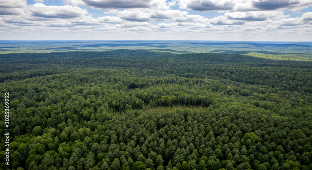 Naklejka premium Aerial view of a vast green forest landscape with trees and clouds