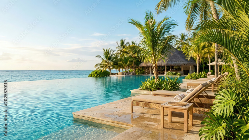 Fototapeta premium Swimming pool featuring an infinity edge overlooks a tropical beach resort with lush palm trees and comfortable lounge chairs arranged for guests to relax.