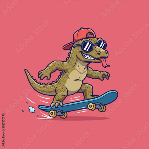 Cool Dinosaur Riding Skateboard with Sunglasses and Red Cap.